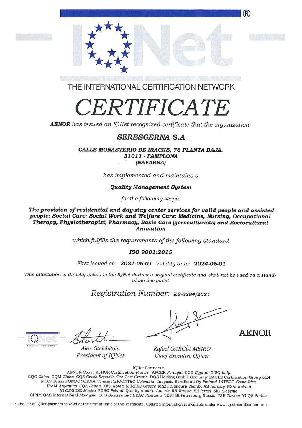 certificado ISO 9001 seresgerna aenor